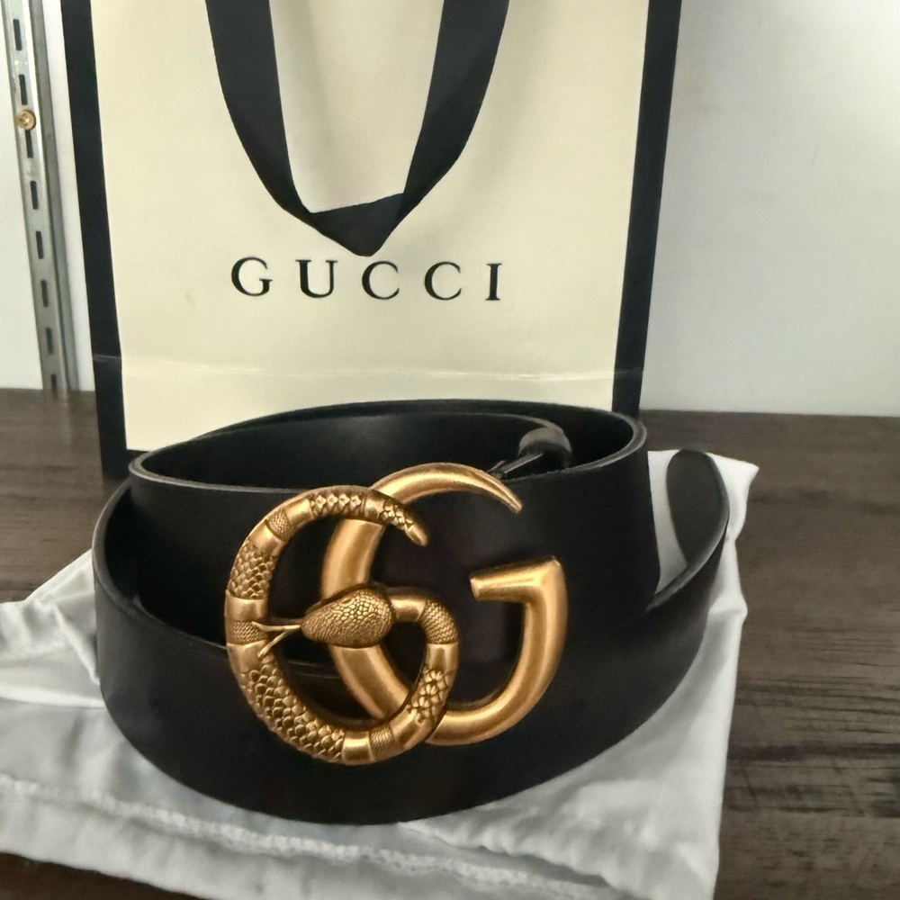 Gucci Black Leather Belt with Gold Snake Buckle